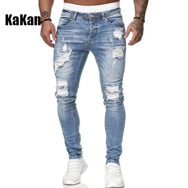 Kakan - New Men's Small Leg Pants with Perforated Jeans, Y2k Clothes Slimming Long Jeans Jeans Man Brand