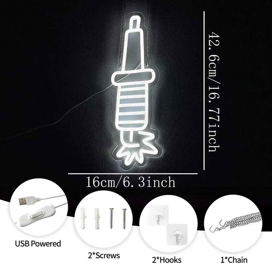 Spark Plug Led Neon Sign, White Icon Usb Powered, Used For Business Decor In Auto Repair Shops, Garages, Man Caves And Shops.