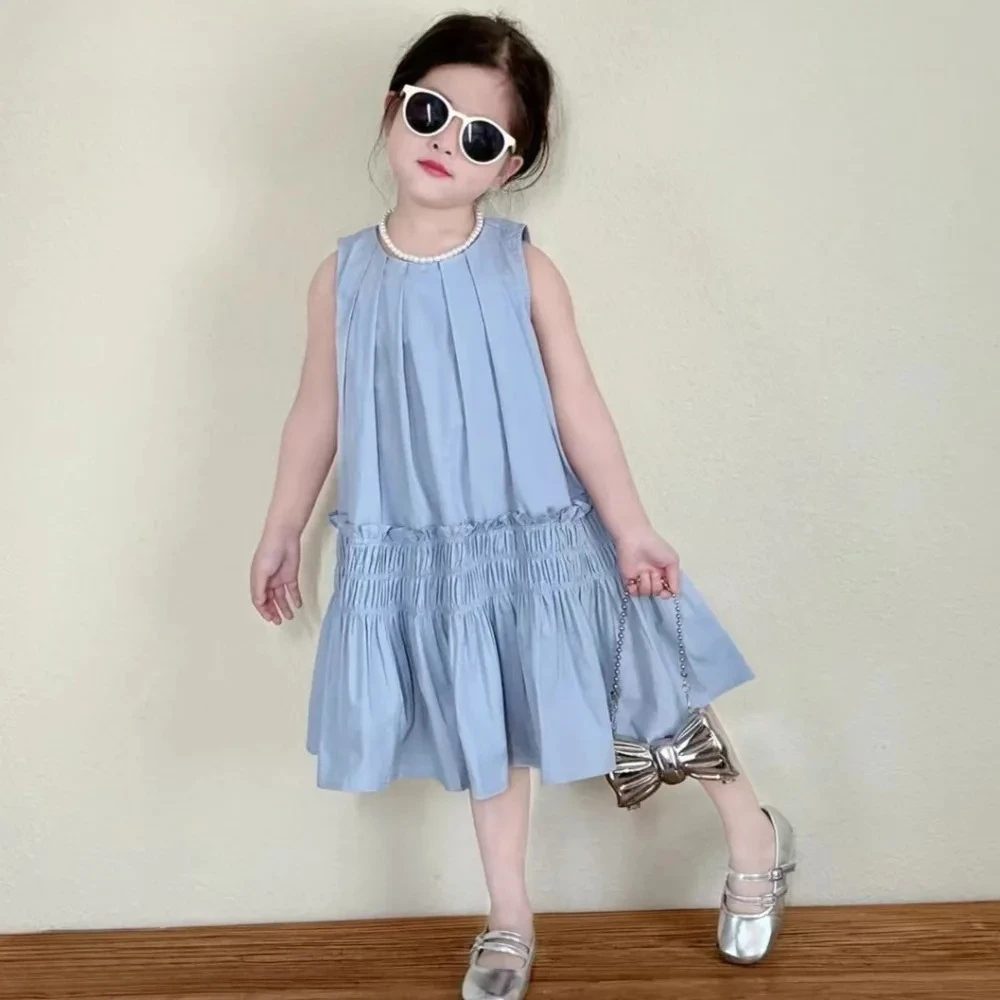 

Корейская версия, однотонные повседневные платья для девочек, синее плиссированное лоскутное платье принцессы без рукавов, синяя простая детская одежда