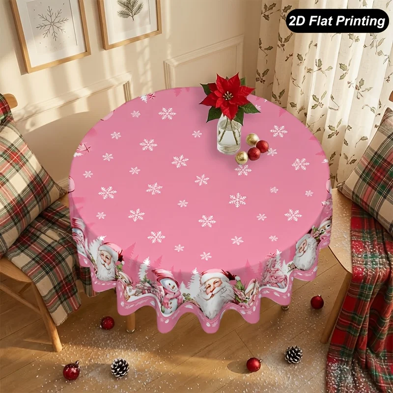 1pc 2D Flat Printing Pink Christmas Tablecloth, Snowman Design Winter Holiday Round Table Cover Festive Winter Wonderland