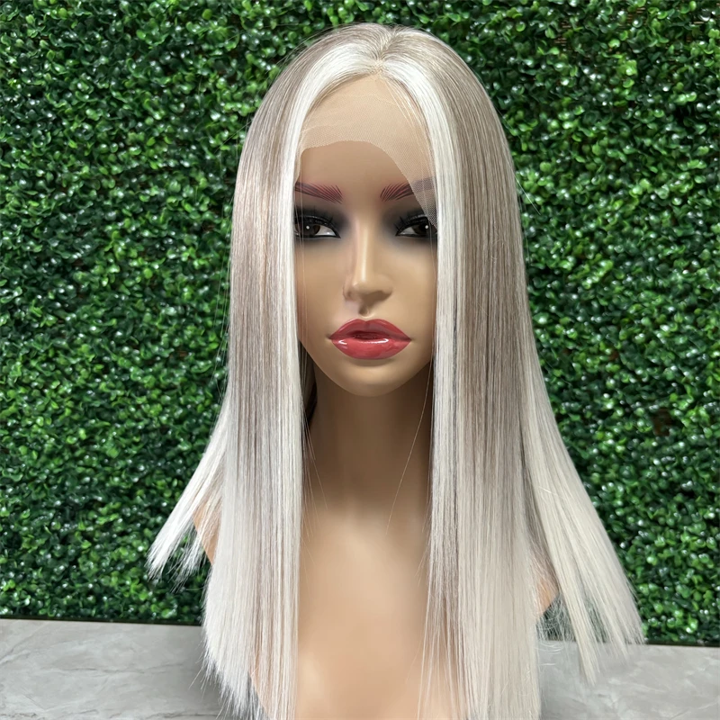 Wig pendek abu pirang berwarna-warni halus lurus Wig renda Frontal Wig untuk wanita 13x4 sintetis alami Futura serat rambut tanpa lem