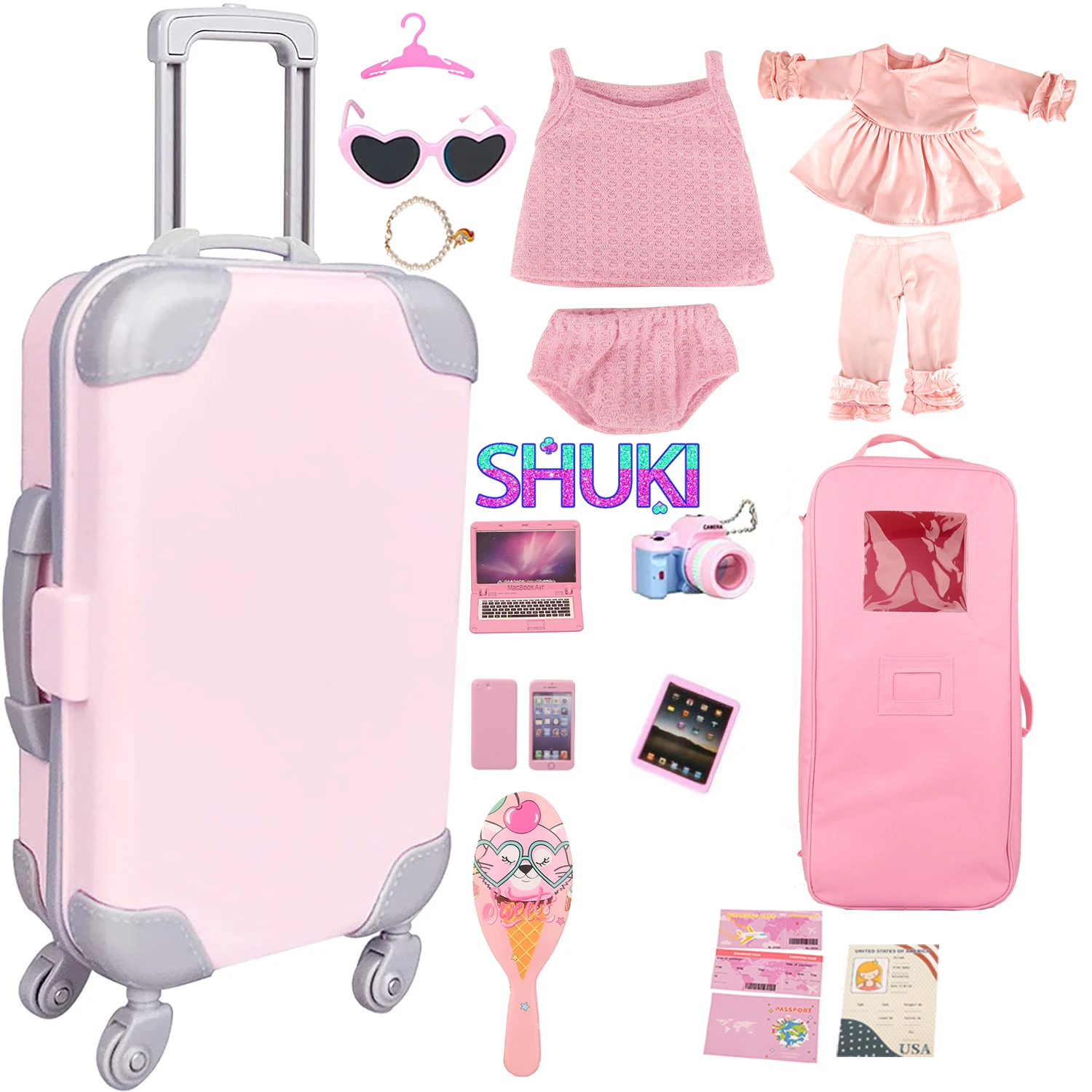 Pink Series Doll Accessories Doll Bag Box Trunk Clothes Pajamas Computer,Phone For 18 Inch American&43cm Baby New Born Girl Doll