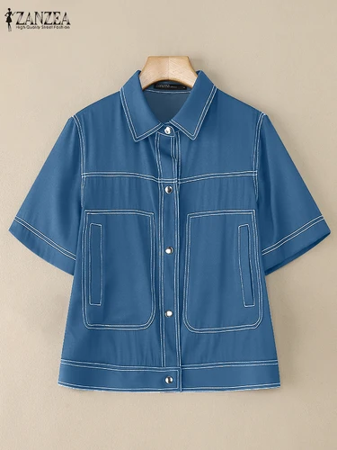 Imagen 2 del producto ZANZEA-camisas de punto de contraste tipo mezclilla para mujer, camisa con botones de manga corta con cuello vuelto a la moda, ropa de calle, Top para mujer 2025