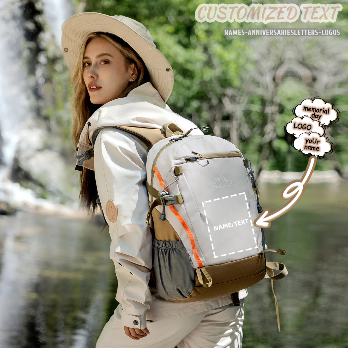 Mochila de senderismo hecha a medida de alta gama con logotipo, bolsa de camping ligera para mujer, mochila de viaje al aire libre, estudiante universitario masculino diy