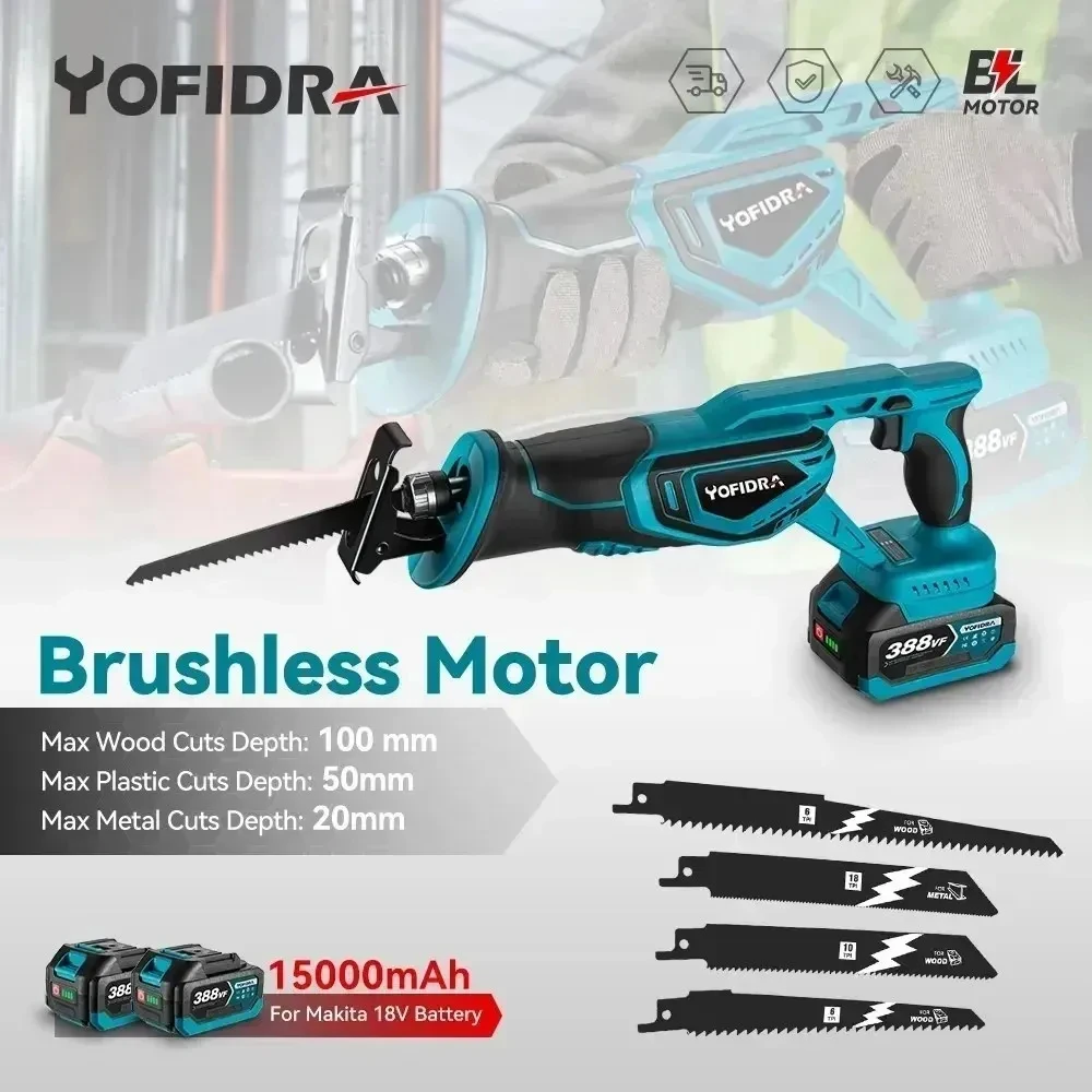 18V Brushless Reciprocating Saw Handsaw Saber Multifunction Saw for Metal Wood Pipe Cutting with 4 Blades Kit For Makita battery