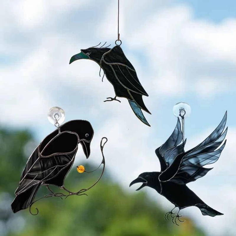 Raven Acrylic Window Wall Decor Stained Hanging Suncatcher Pendant For Home Room Mysterious Crow Witch Ornaments-A22G