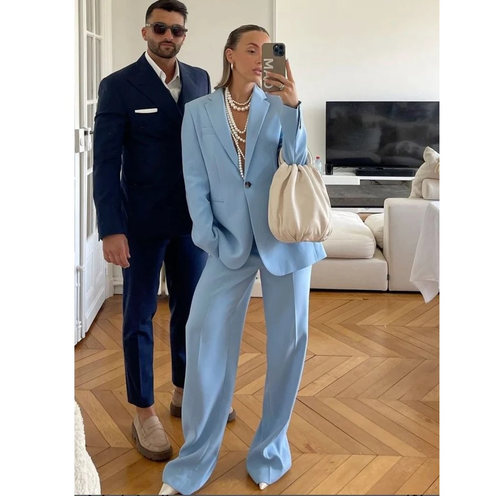 Tesco 2 Piece Women Suit Set Blue One Button Long Sleeves Women's Balzer with Pants Customized Casual Suit Jacket 2025