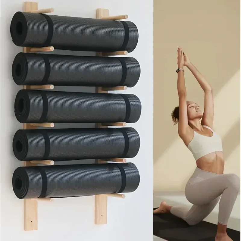 Solid Wood Yoga Mat Storage Organizer Fitness Equipment Wall Foam Shaft Yoga Studio Storage Shelf Pilates Storage Rack