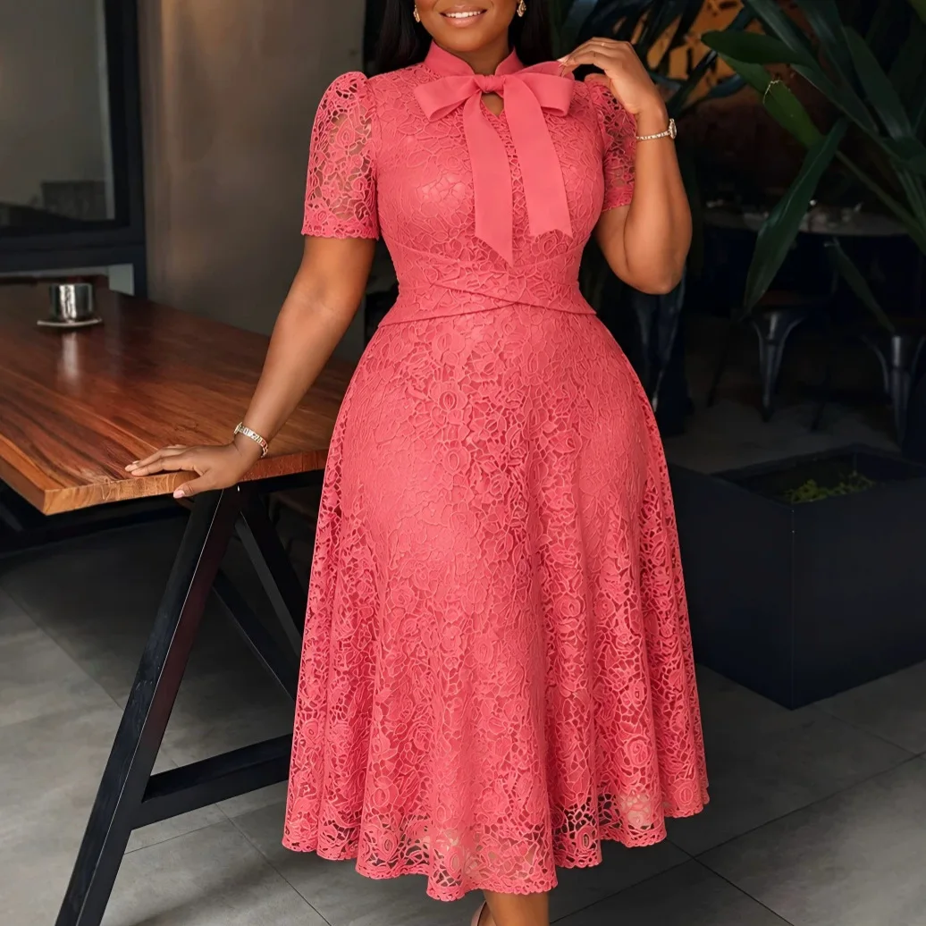 African Dresses for Woman A Line Hollow Out Lace Dress Short Sleeve Hight Church Wedding Guest Bridal Shower Summer Formal Wear