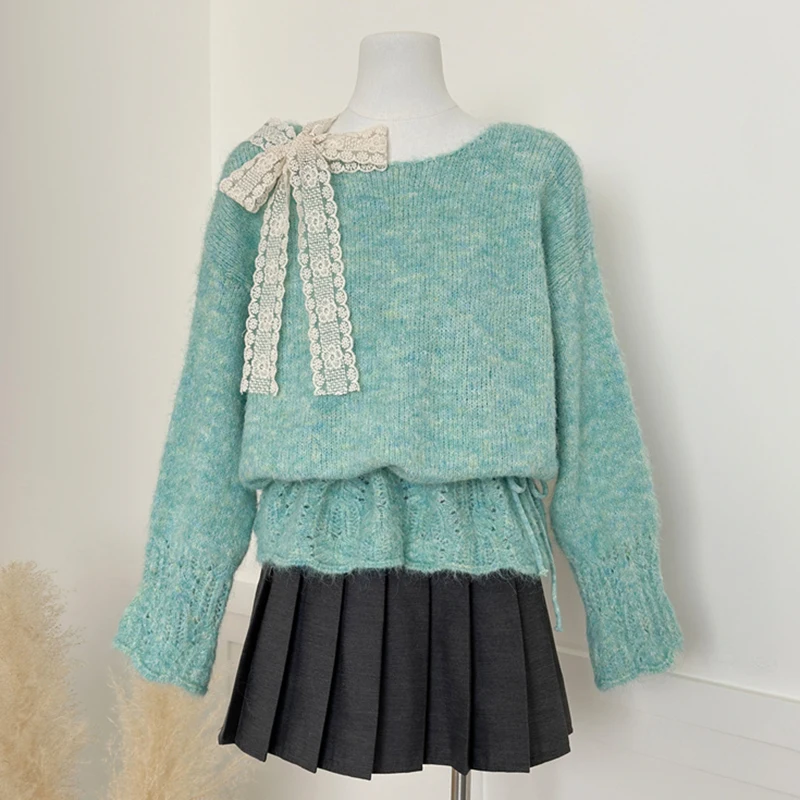 Кружевной ажурный вязаный свитер, фиолетовый, с длинным рукавом, женская одежда, свободный повседневный трикотаж с поясом и тонкой талией, вязаный джемпер