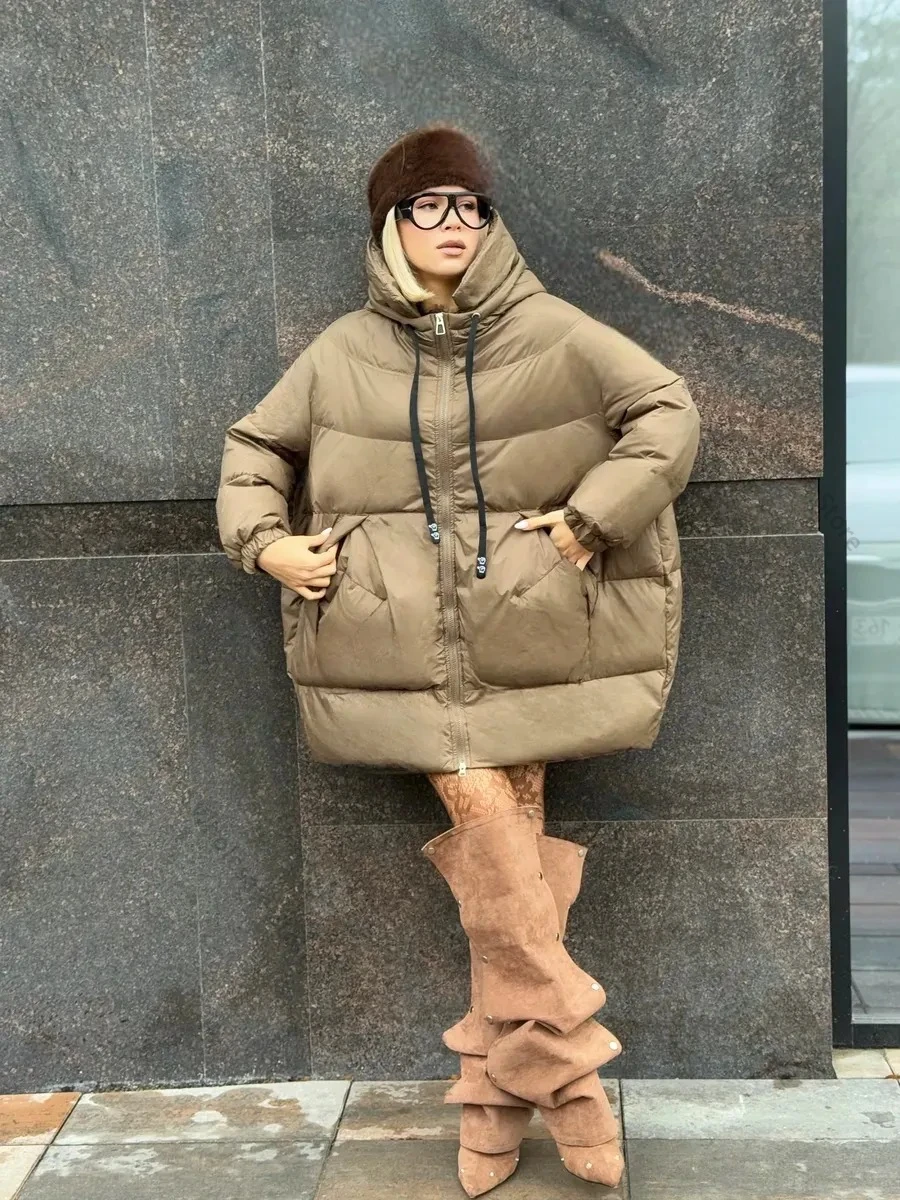 Down Jacket Women Oversize White Duck Coat Loose Warm Outerwear Hood Korean Style Coat Down Jacket Women Casual Office Lady