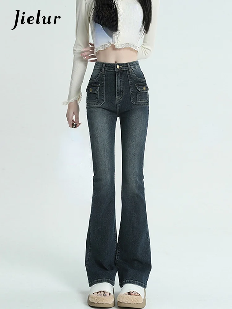 

Jielur Spring Vintage Bodycon Denim Trousers Women High Waist Slim Flare Pants Ladies Casual Korean Style Pure Color Jeans