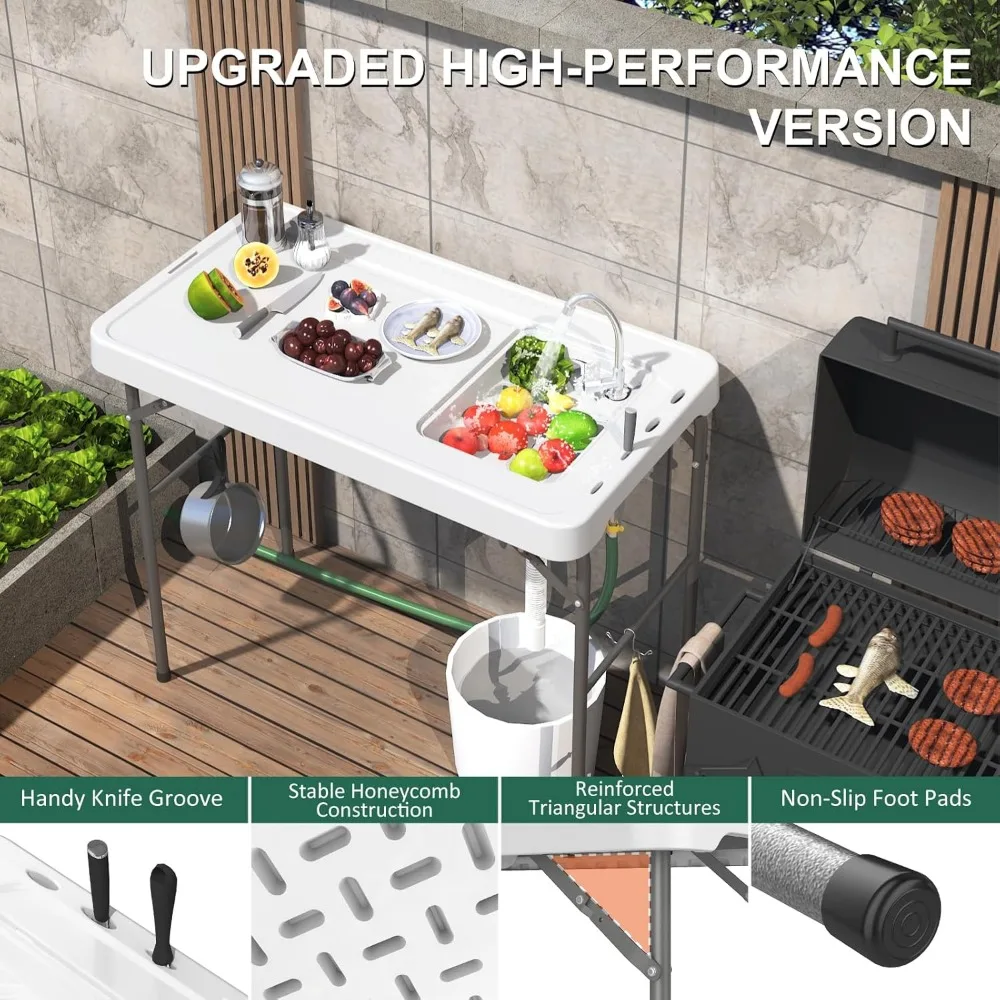 طاولة تنظيف الأسماك مقاس 42.5 بوصة مع حوض، طاولة تخييم قابلة للطي ومحطة تنظيف الأسماك مع علامة قياس، حوض تخييم مع خرطوم