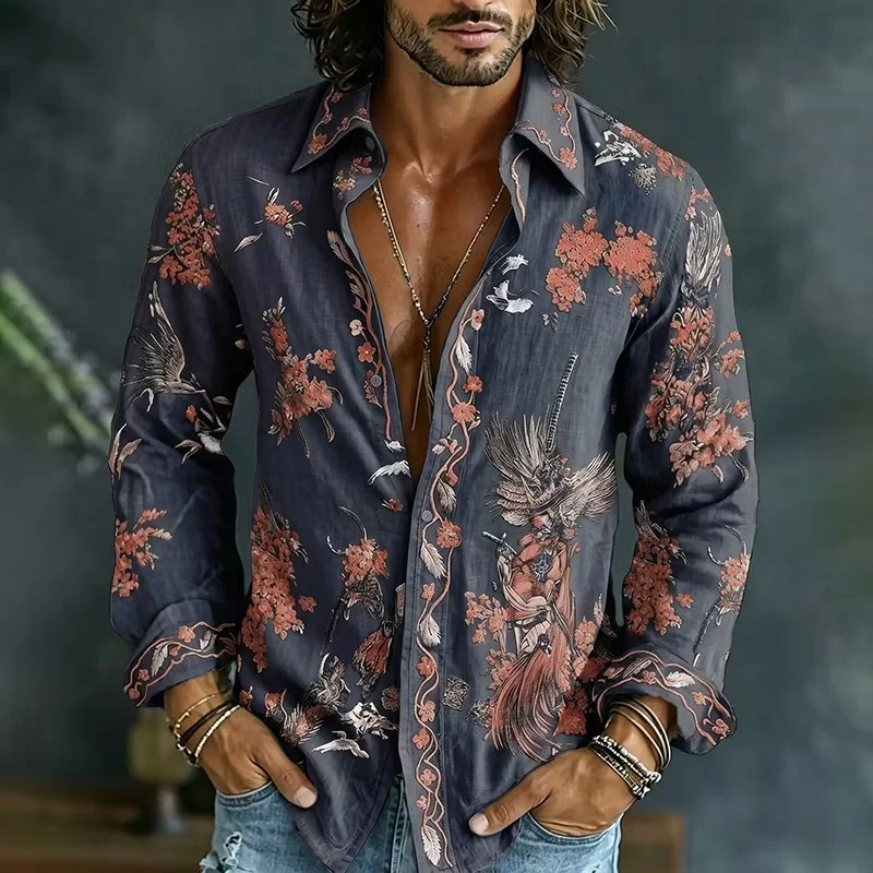 New men's beige flower and bird shirt, Chinese style Zen art, daily leisure vacation, loose fitting shirt clothing