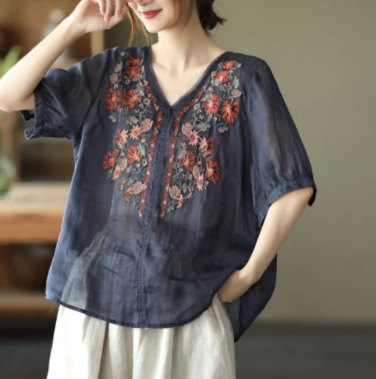 Spring Summer Literary Vintage Embroidery Cotton Blouses Loose Casual All-match Oversized Shirt Elegant Half Sleeve Top Women