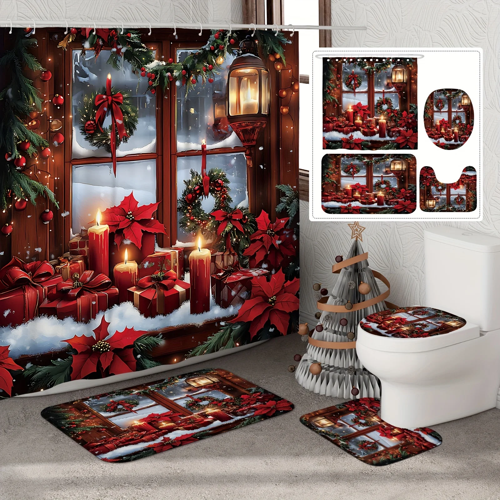 4PCS Christmas Shower Set, Wreath Window Winter Scene Red Print, 12 Hooks, Non-Slip Mat, U-Seat Cover, Holiday Decor
