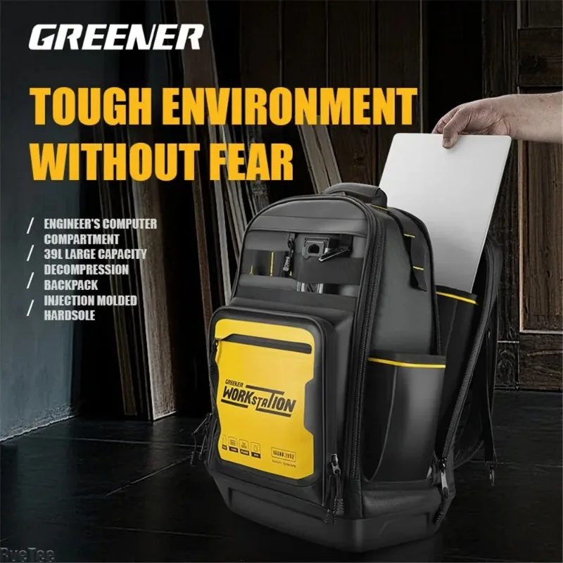 Professional Electrician Tool Backpack Heavy-Duty 1680D Canvas Wear-Resistant Plastic Bottom Multi-Compartment Storage Organizer