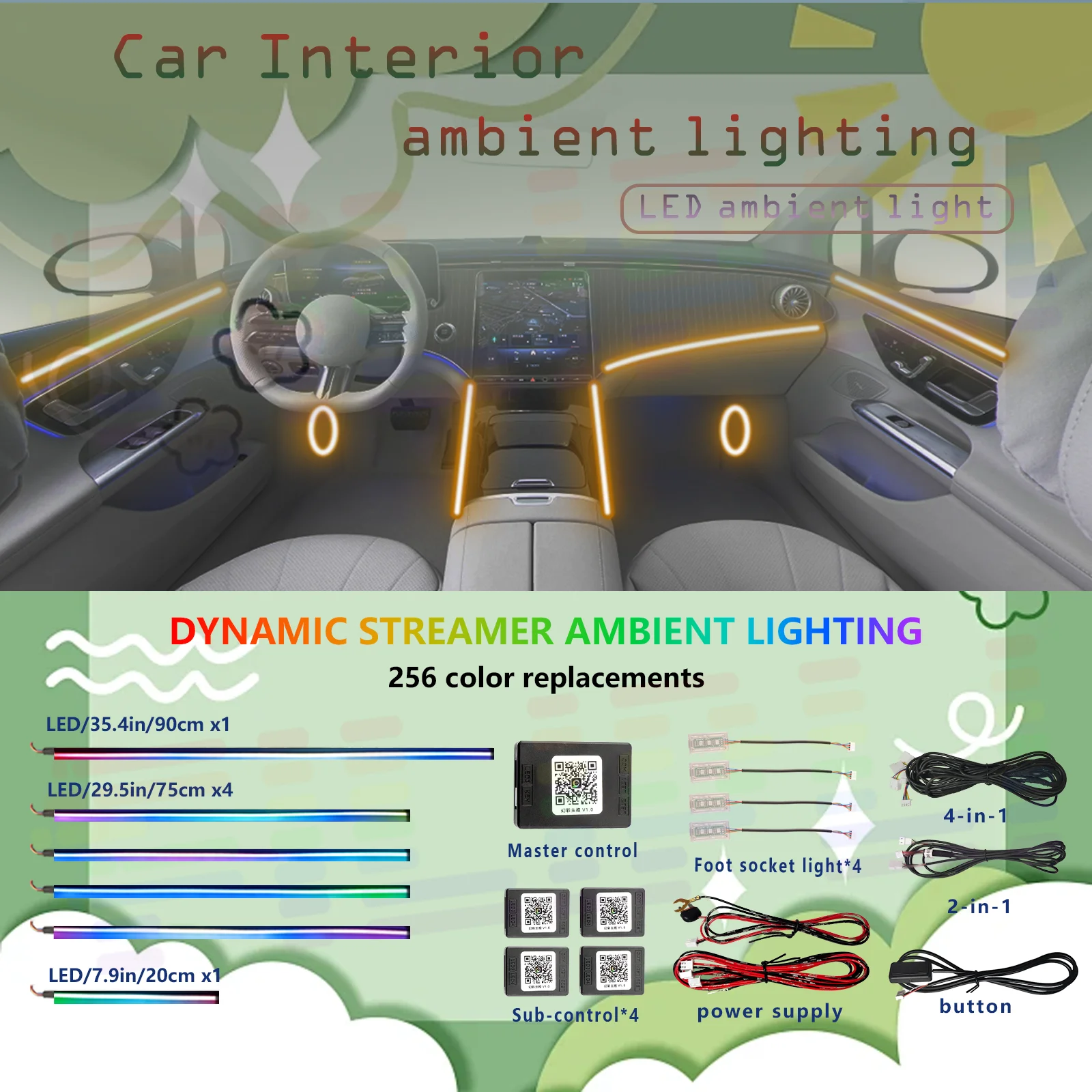 

64 Color RGB Symphony Car Ambient Interior Light - Acrylic Guide LED Strip Light Decoration Atmosphere Lamp with APP Control