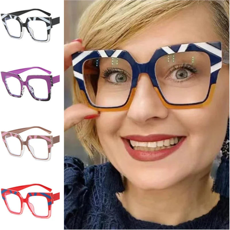 

Fashion Patchwork Frame Eyeglasses Square Spectacles Googles Oversize Frames Eyewaear Ornamental Anti-Blue Light Glasses