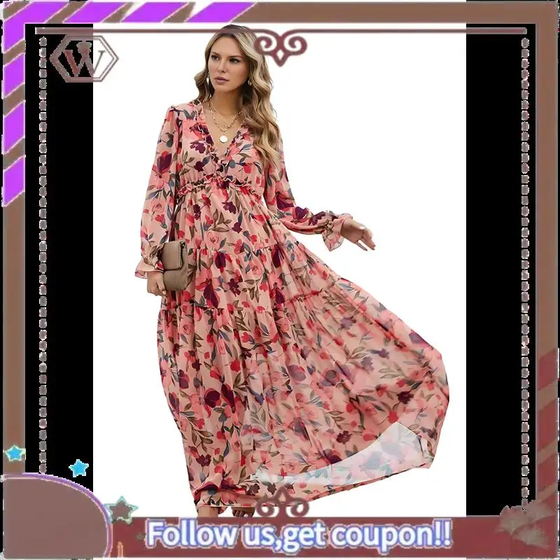 Sukienka maxi w stylu boho dla kobiet, dekolt w serek, bufiaste długie rękawy, falbany, krój w kształcie litery A, rozcięcie, rozkloszowany krój, szyfonowa sukienka.