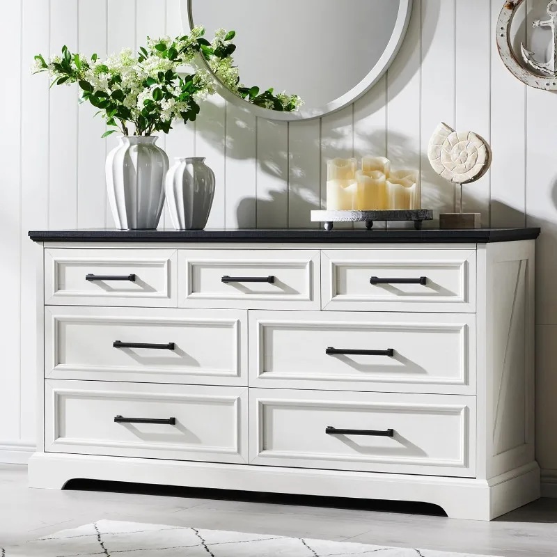 

7 Drawer Dresser, Farmhouse Chest of Drawers for Bedroom, 52" Wide Kids Dresser TV Stand with Large Metal Handles, Wood Drawer O