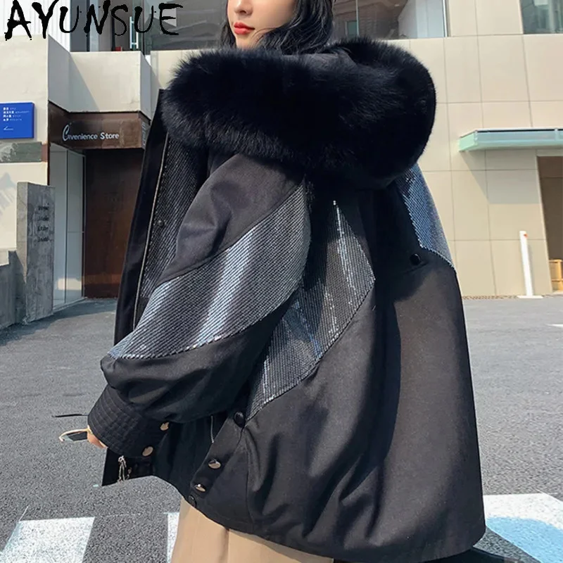 

Women's AYUNSUE Fur Parkas Fashion 2024 Autumn Winter Rabbit Liner Coat Hooded Fox Collar Medium Parker