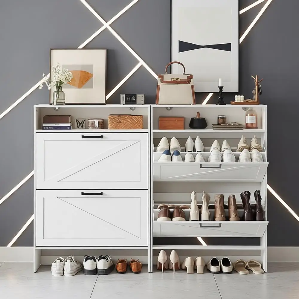 

White 2-Drawer Narrow Shoe Cabinet with Legs, Farmhouse Style Slim Storage for Entryway and Hallway