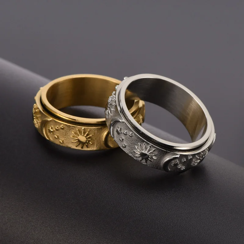 Spinning Anxiety Relaxing Ring With Star And Moon    Stainless Steel Rotate Freely Fidget Spinner Rings Bohemia Jewelry