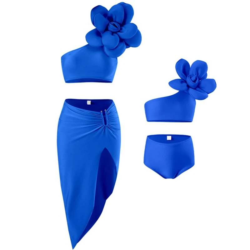 2024 New Summer Family Matching Swimsuit Outfits Swimsuits Big Flowers 3pcs Bikini Family Look Mom Girls Woman Swimwear Set