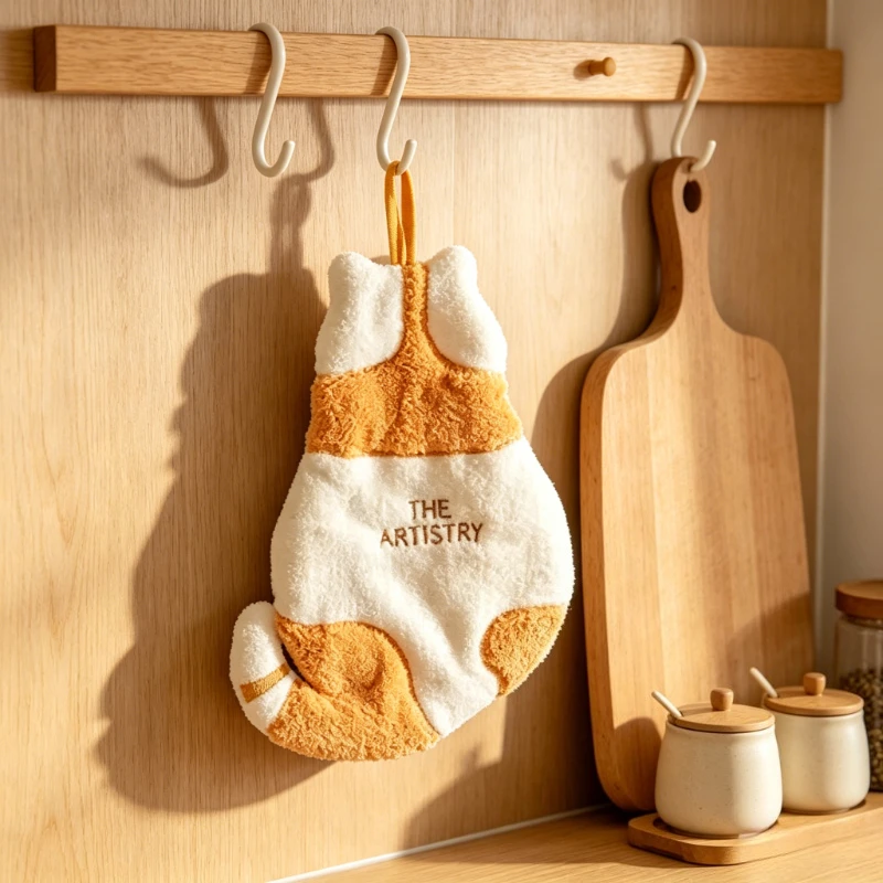 Cute Cat Hanging Hand Towel Soft Quick Dry Hanging Loop for Kitchen Bathroom Cartoon Wipe Clean Cotton Thumb Hand Towel Decor