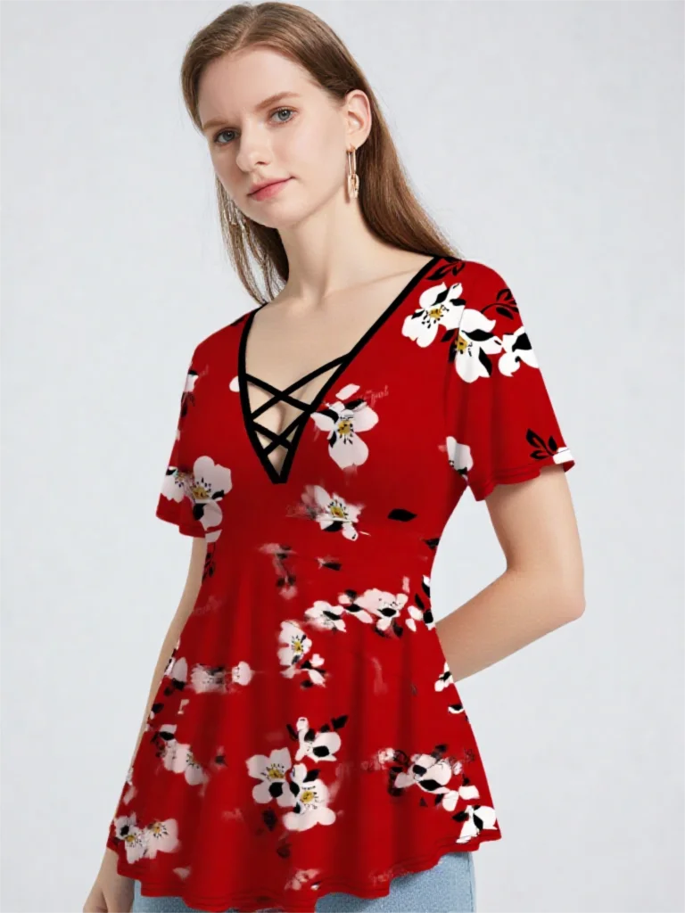 

ROSEAGL Топ больших размеров с цветочным принтом и перекрещивающимися бретелями, футболки с 3D графикой, женские летние футболки с короткими рукавами и глубоким вырезом, S-5XL