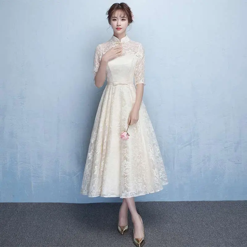 

Chinese Bridesmaid Dr New Summer MidSve Evening Gown Long Sve mid Waist Wedding Guest Dr Ele Fem Faion
