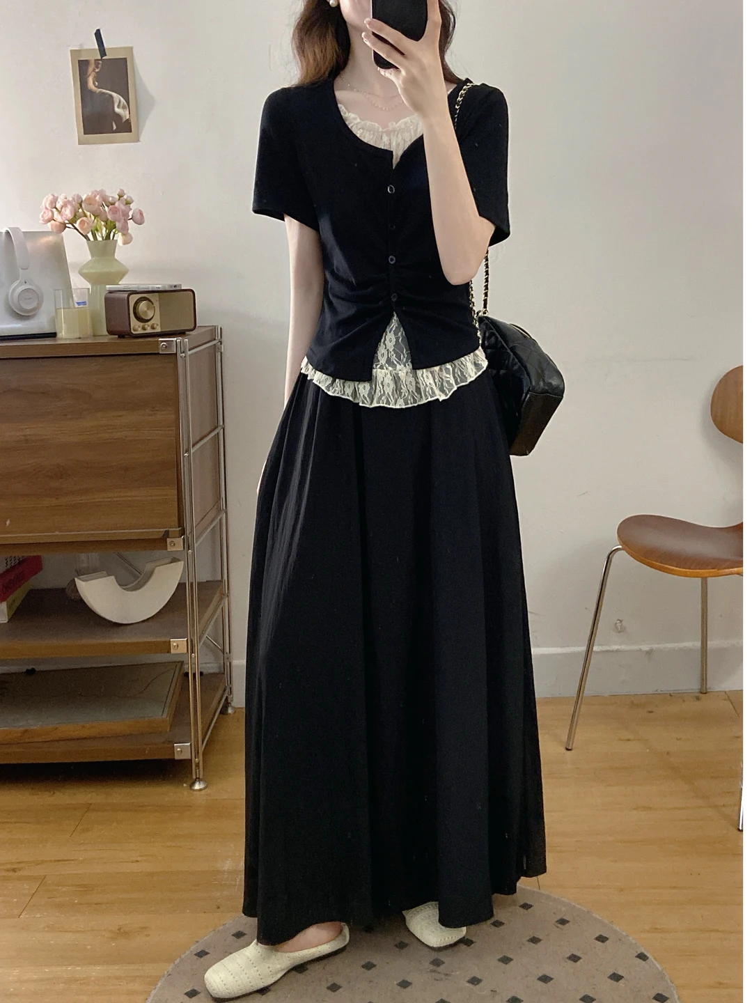 

plus Size Women's Summer Slimming Lace Paneling Set High Waist A-Line Skirt Short Sleeve round Neck T-Shirt Fashionable Outfit
