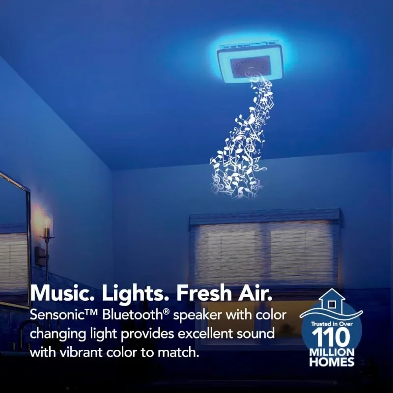 SPK110RGBL ChromaComfort مروحة عادم الحمام، 110CFM/1.5 Sones، مع مكبر صوت بلوتوث Sensonic وإضاءة LED 24 لونًا