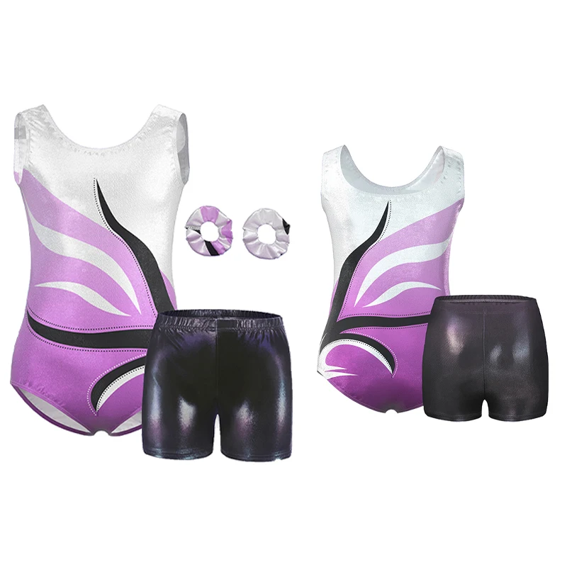 Mädchen-Gymnastik-Ballett-Trikots für Kinder, glänzend, ärmellos, mit Blumenmuster, einteiliges Tumbling-Outfit mit Shorts-Haarband ﻿