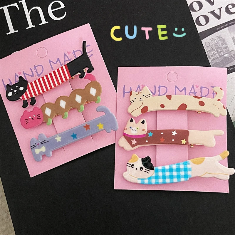 3pcs/set Cute Kitty Barrettes Hair Clips Sweet Colorful Geometric Cat Animals Side Pin Women Girls Hair Accessories Headwear