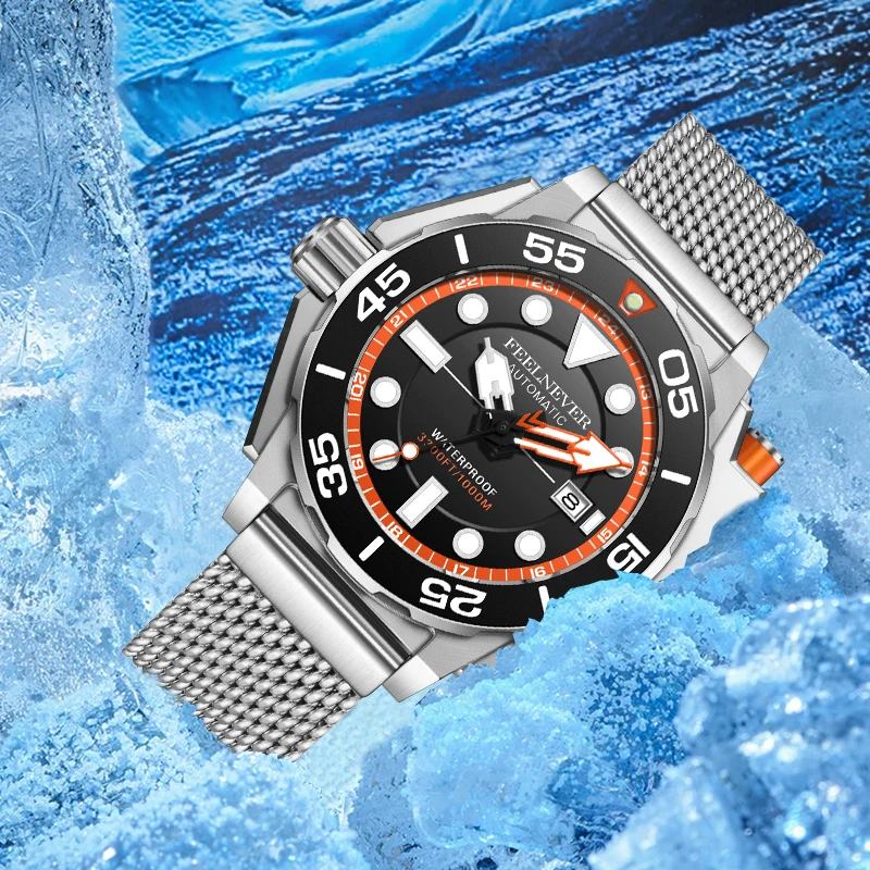 FeelNever Outdoor Luxury Men's Watches Casual Sport Automatic 316L Stainless Steel Band Waterproof Self-winding Mechanical Watch