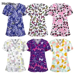 Wholesale Trendy Scrubs Breathable Nursing Stretch V-Neck Uniform Unisex Nurse Cartoon Print Scrub Tops Beauty SPA T-shirt Women