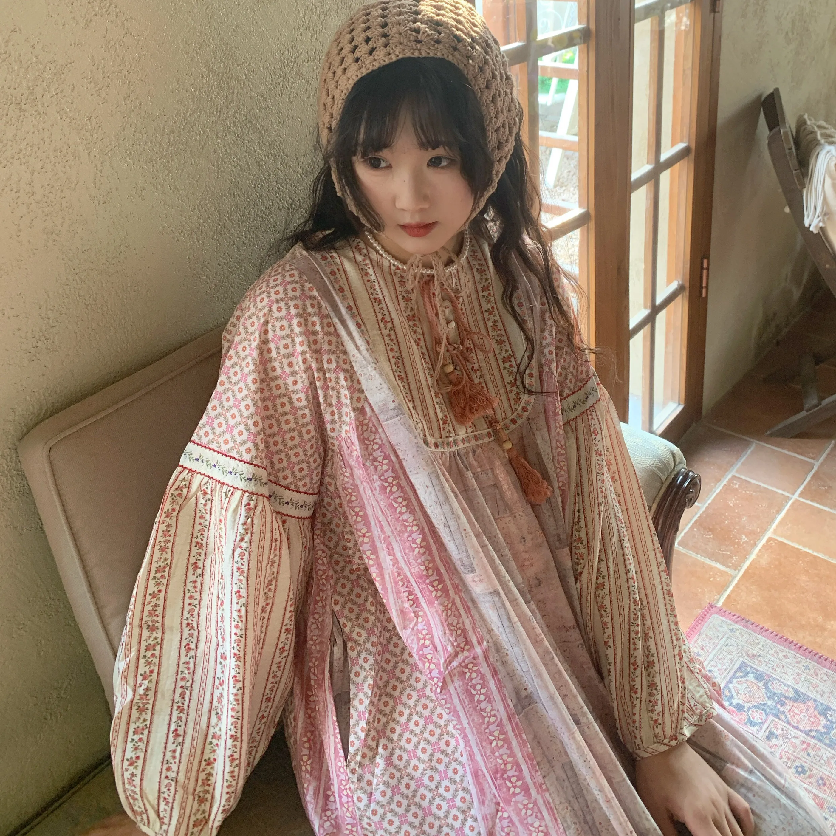 

Ретро-платье для девочек с длинными рукавами и цветочным принтом, в стиле пэчворк, для повседневной носки весной, с завязками на талии