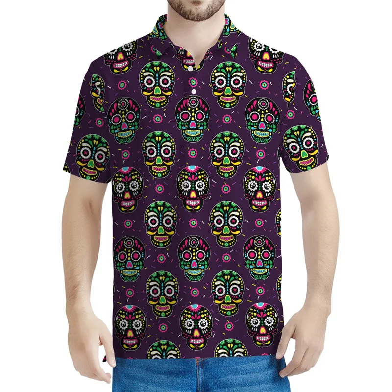 Mexico Day Of The Dead Pattern Polo Shirt Men Summer 3D Printed Skull Tees Street Lapel Short Sleeves Women  Button T-Shirt