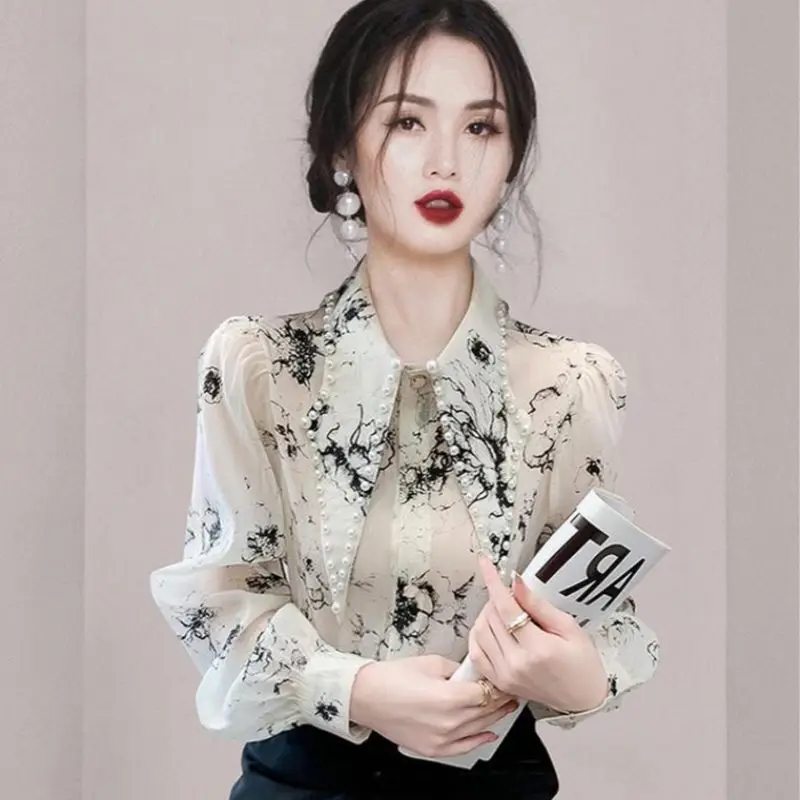 Vintage Printed Lapel Single-breasted Puff Sleeve Shirts Women\'s Clothing Autumn Winter Elegant Chiffon Tops Office Lady Blouses