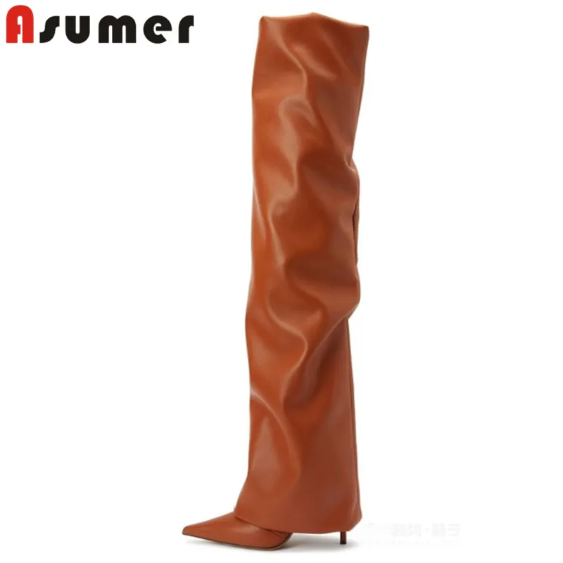 

ASUMER 2023 Size 35-43 New Microfiber Pleated Over The Knee Boots Slip On Ladies Winter Boots Thin High Heels Women Shoes