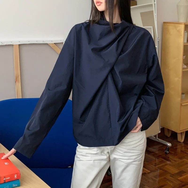 EAEOVNI moda bufanda cuello mujer blusa Color sólido pliegues diseño camisa de manga larga Casual 2025 nueva ropa femenina 1A1647