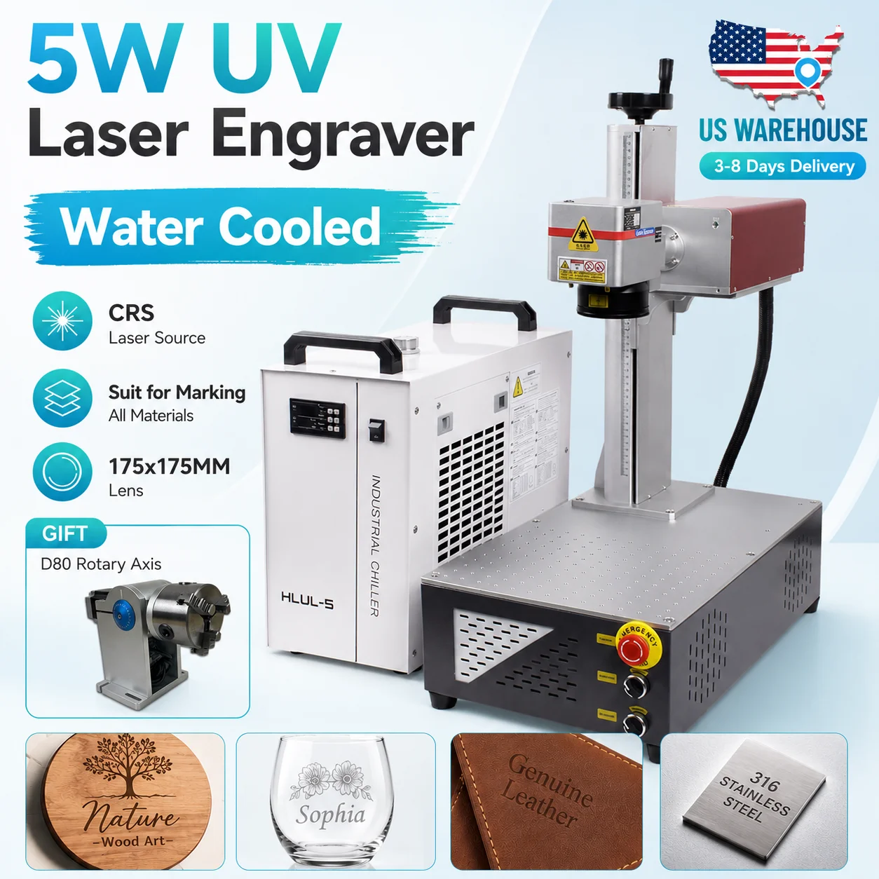355nm UV Laser Marking Machine 5W UV Laser Engraver UV 5W Glass Engraver Water Cooling UV Laser for Glass/Wood/PVC/Metal/Plastic Leather With Rotary Axis US Stock