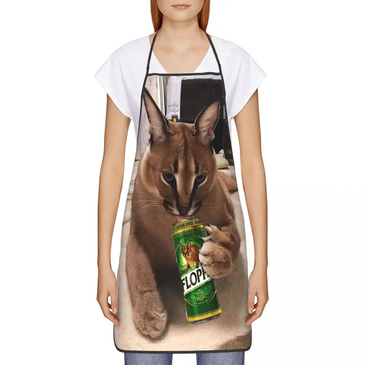 Unisex Drunk Big Floppa Meme Bib Apron Adult Women Men Chef Tablier Cuisine for Cooking Kitchen Funny Caracal Cat Painting