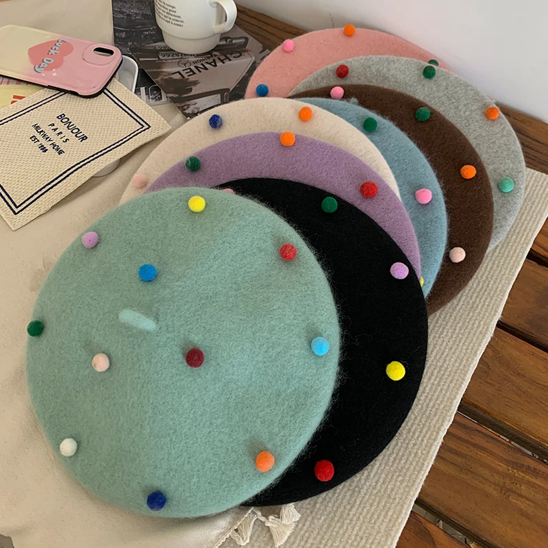 RH Girls Beanies Artist Painter Hat Sugar Bean Little Ball Woolen Felt Cute Sweet Women Beret Hat