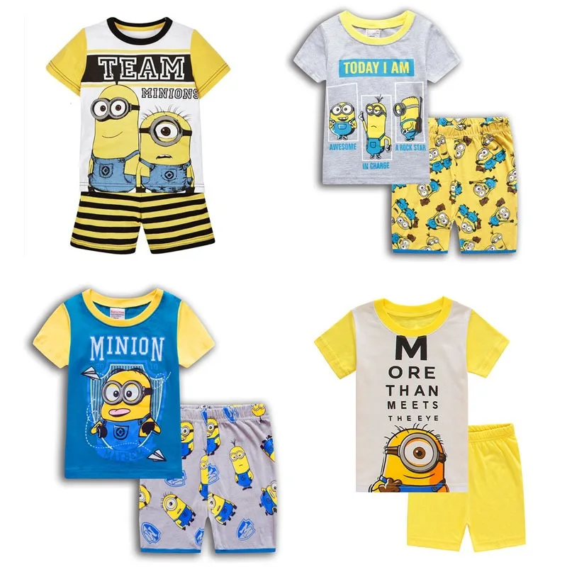 

New Cute Cartoon Minions Summer Pajamas Sleepwear Baby Set Girls Short Sleeved Nightgown Cotton Nightwear