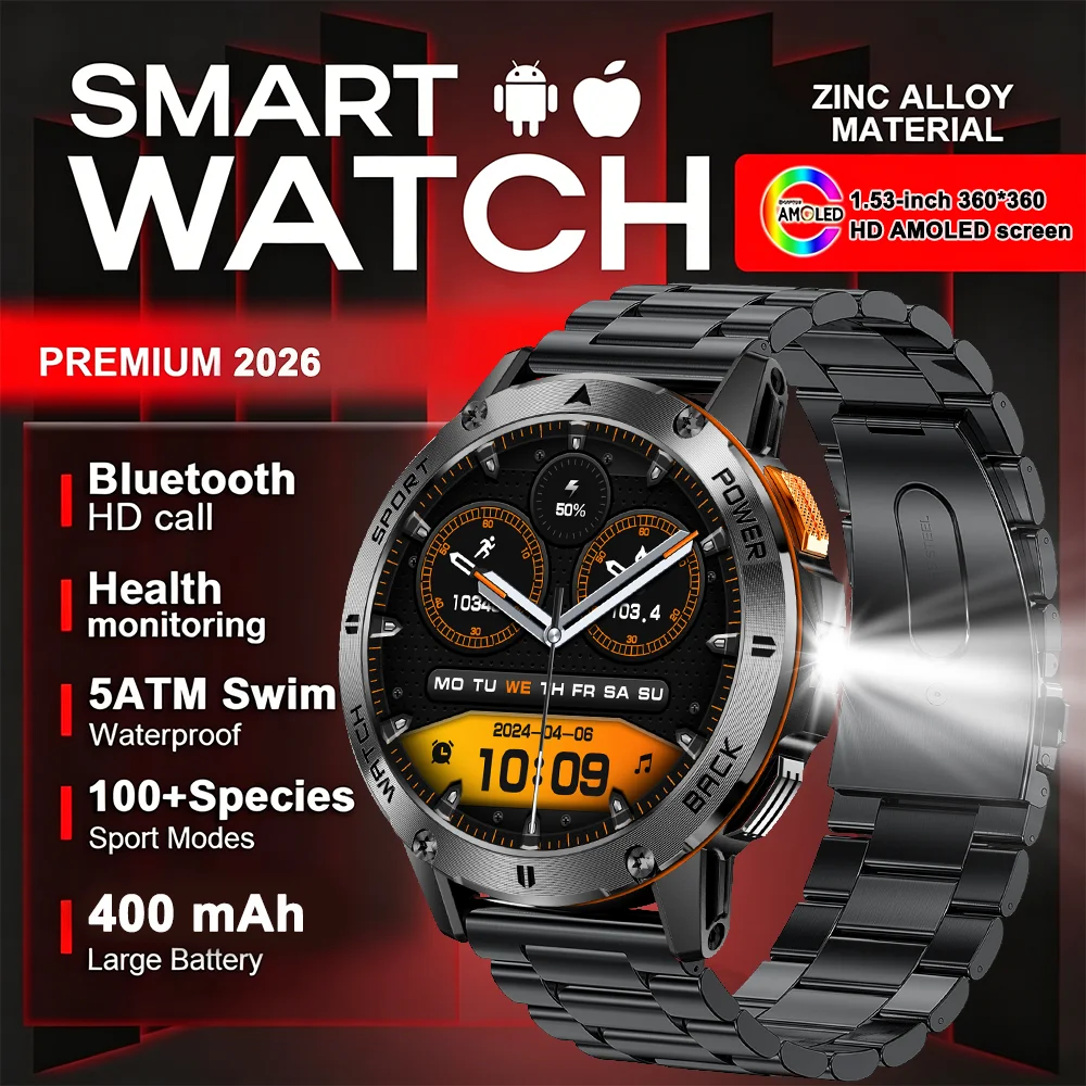 

Умные часы 2026 с беспроводными звонками, прогнозом погоды, магнитной зарядкой, водонепроницаемостью, LED-фонариком, для мужчин, совместимые с Android и iOS