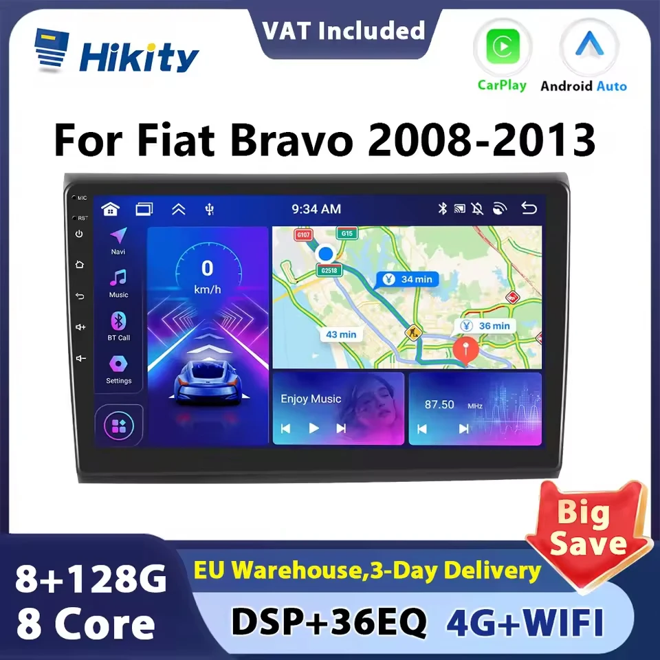 Hikity Carplay Android 2 din autoradio lettore multimediale per Fiat Bravo 2008-2013 Auto Stereo Android navigazione automatica GPS DSP