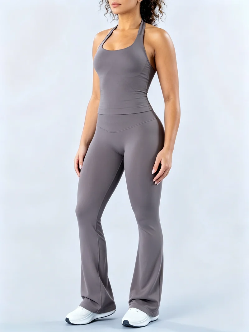 2-teiliges Flare-Leggings-Set: Nahtloses Neckholder-Sporttop und einfarbige Hüftlift-Flare-Hose für Damen – Ideal für Workout & Fitness – Detail 7